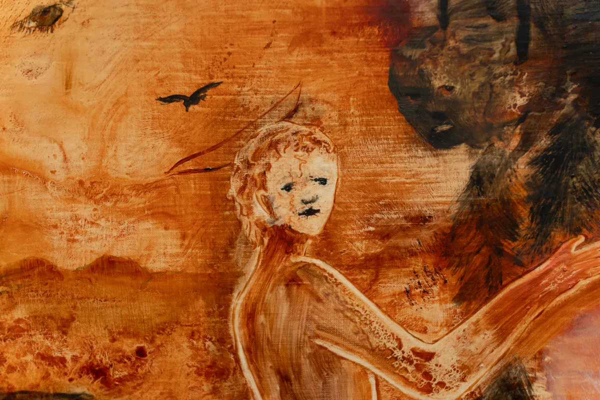 Detail of the walking figure and the birds above the horizon