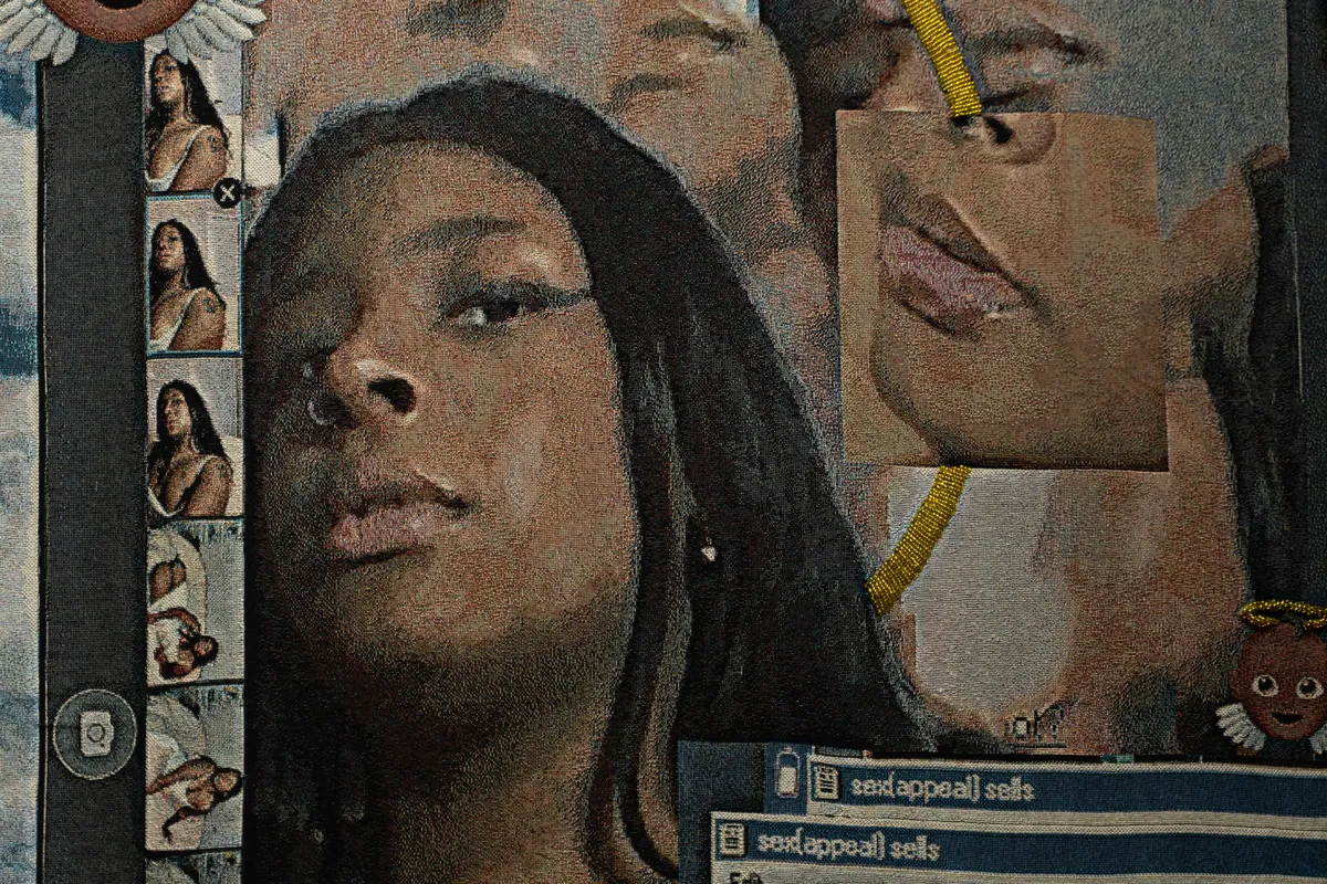 Detail of the woven face, showing the pixel-to-stitch grain of the jacquard