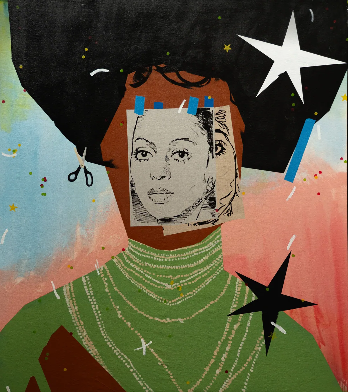Full view: a woman in green against blue and coral, a drawn paper face painted over her own