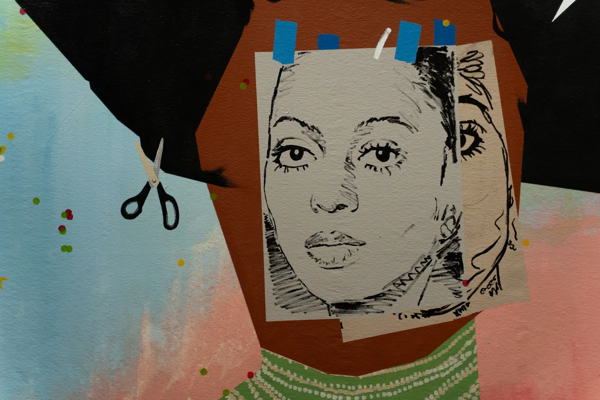 Detail of the paper face and the strips of blue tape, all of it painted