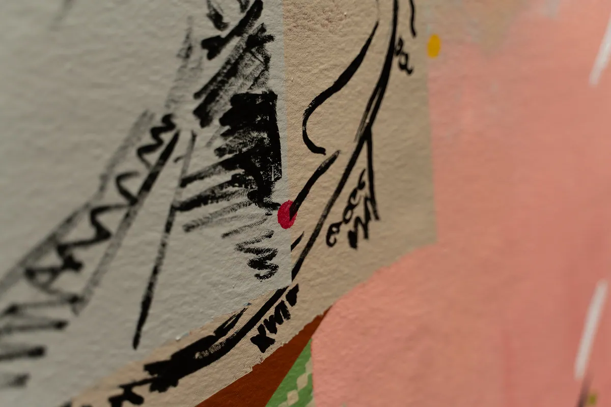 Detail of the drawn linework on the painted paper sheet