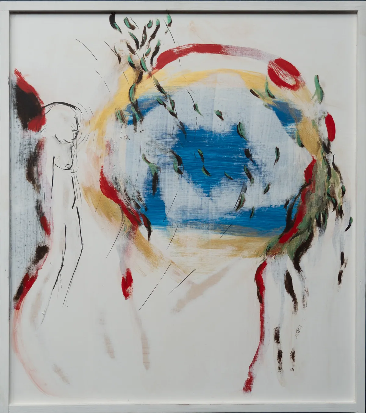 Full view: a ring of yellow and red around a blue centre with thin drawn figures at the left