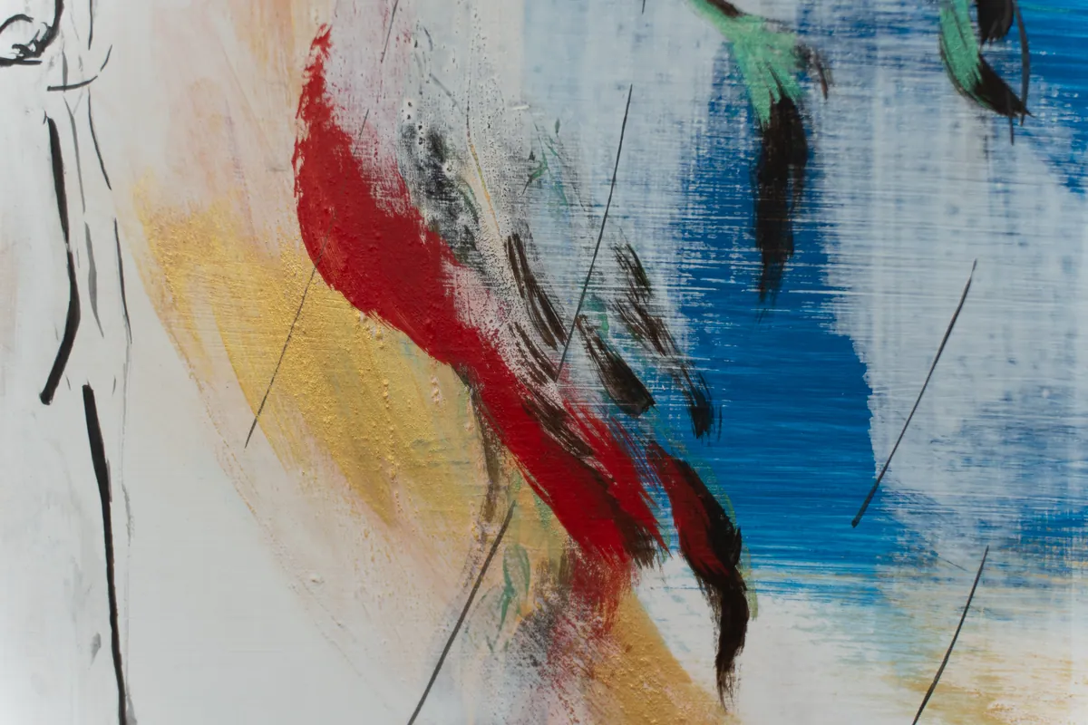 Detail of ink line, red pigment and drips across the white gesso ground